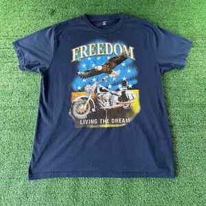Y2K Navy blue Freedom Living The Dream graphic tee with eagle and motorcycle